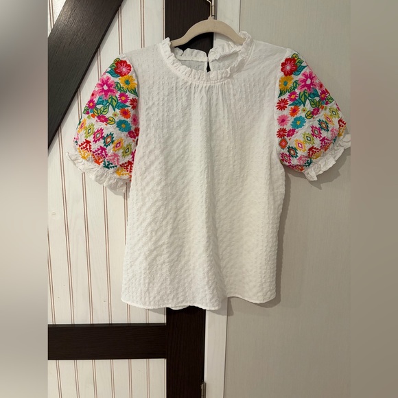 THML Tops - Embroidered White Top with Colorful Embroidered Sleeves THML Medium